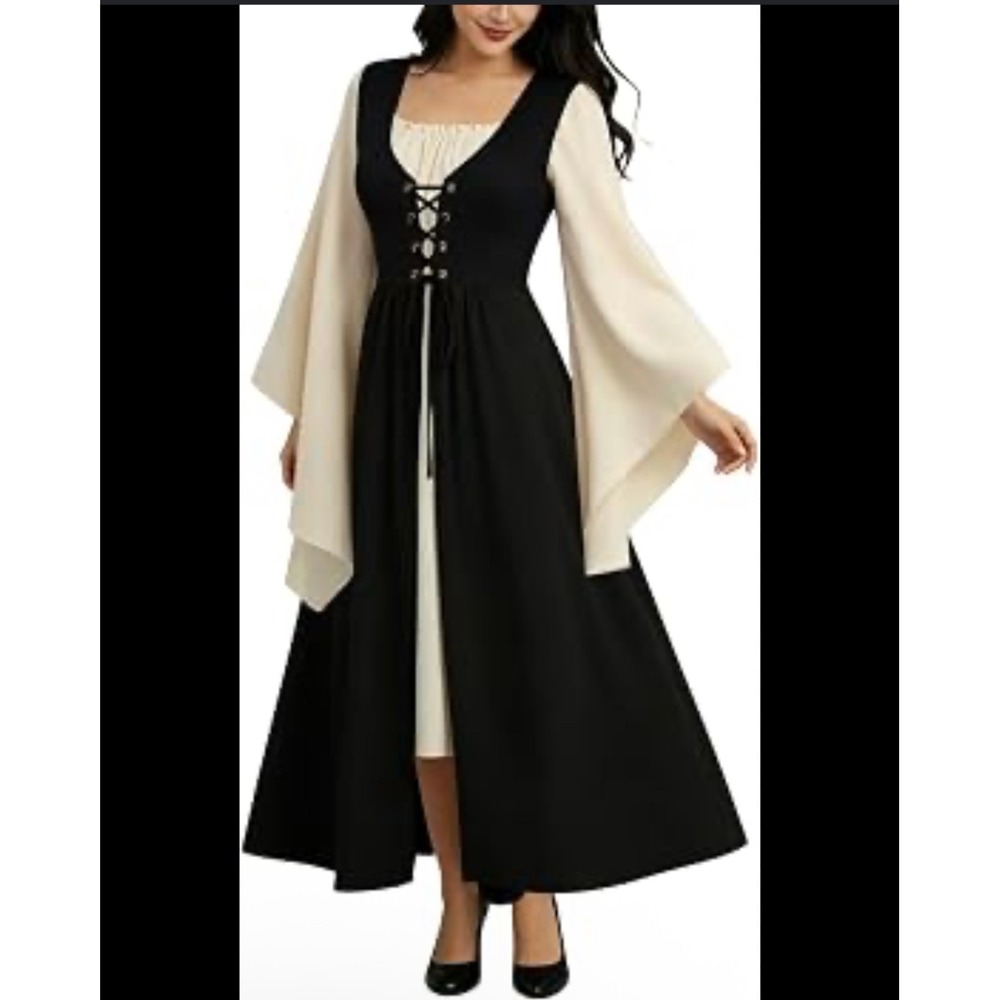 Womens Renaissance Medieval Lace Up Flare Sleeve Costume Dress Black Cream XL